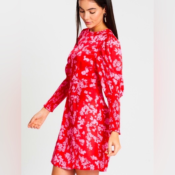 Never Fully Dressed Delores Dress 10 Red Pink Floral ruched bishop sleeves $103 - Picture 5 of 16